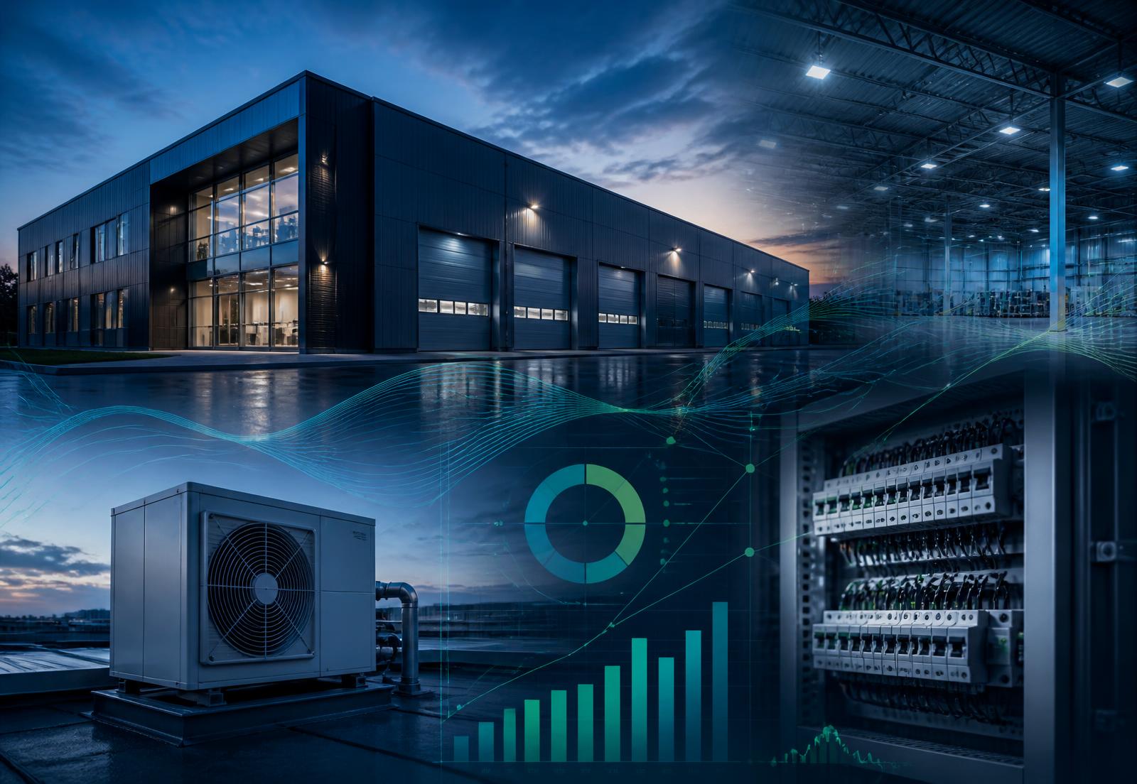 Nave industrial, iluminación eficiente, bomba de calor y cuadro eléctrico con visualización de datos energéticos